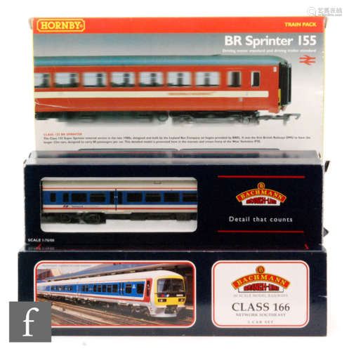 Two OO gauge DMUs, Bachmann 31-025 166 Turbo 3 car set 'Network Southeast' and Hornby R2108 Class 155 BR Sprinter 2 car set. (2)