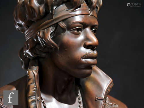 A Roger Southall original bronze bust of Jimi Hendrix wearing a Hussars pelise cavalry jacket mounted to a polished Italian nabresina stone plinth, height 75cm, width 52cm. (1 of 1)