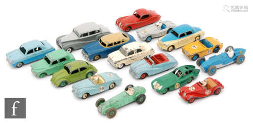 A collection of playworn Dinky Toys diecast model cars to include a #171 Hudson Sedan in mid blue with tan roof, a #108 MG Midget in red with tan interior, RN 24 and figure driver, a #23 Talbot Lago in blue RN 4, a #162 Ford Zephyr in two tone blue, etc., with a Corgi Ford Consul, unboxed. (16)