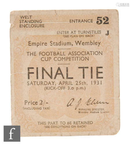 A 1931 West Bromwich Albion vs Birmingham cup final ticket for the West standing enclosure at Wembley stadium, price two shillings.