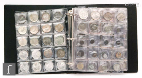 America - An album of thirty two Eagle and Liberty silver dollars, various dates, later proof silver dollars, also half dollars and nickel and copper coinage (qty)