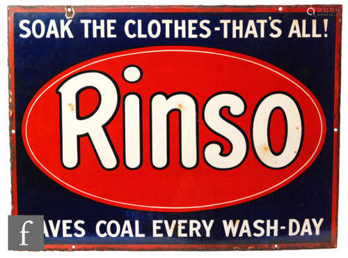 An early 20th Century enamelled sign for Rinso, soak the clothes thats all!, 46cm x 61cm and a later aluminium sign for Lyons tea, 76cm x 82cm (2)