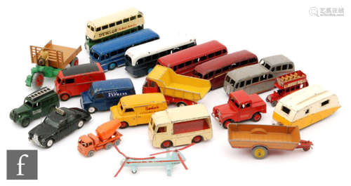 A collection of playworn Dinky Toys diecast models, mostly buses and commercial vehicles, to include Bedford vans in Kodak and Daily Express liveries, Luxury Coach in maroon, Dunlop double decker bus, etc., together with a selection of models by Corgi and Matchbox, unboxed. (21)