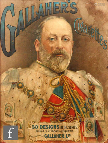 An early 20th Century lithograph printed card advertising pictorial sign of Edward VII for Gallher's cigarettes, 49.5cm x 36cm, later framed