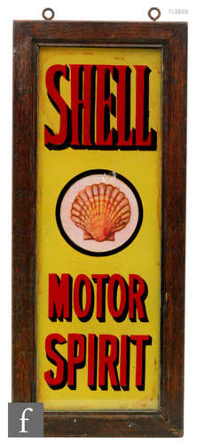 An early 20th Century advertising sign for Shell motors with pictorial shell detail within oak frame, 48cm x 20cm