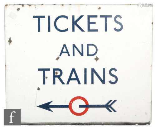 A London Transport Underground enamelled sign 'To Train and Tickets', left arrow pointing and fully flanged 77cm x 91cm