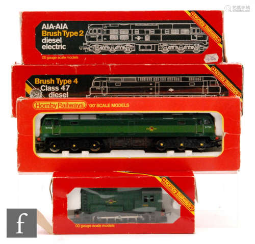 Four OO gauge Hornby BR diesel locomotives, R156 Class 08 shunter '3012', R357 A-I-A 'D5572', R863 Class 47/48 'D1738' and a Class 47 '47421'. (4)