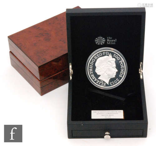 Elizabeth II - A 2017 kilo silver proof coin to commemorate 70 years of marriage, a 2016 silver proof kilo to commemorate the 90th birthday of her majesty the Queen and another silver kilo coin for the 60th anniversary of the Queen's Coronation, all cased with certificates (3)