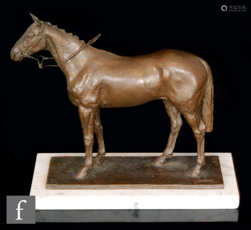 A limited edition bronze study of a racehorse, titled 'Comedy of Errors, 1975', numbered 4/10, bearing 'Morris Singer Founders London' foundry stamp, further stamped with an indistinct artist's signature and the initials T.H, set upon a white marble plinth base, height 31cm and width 34cm, S/D.