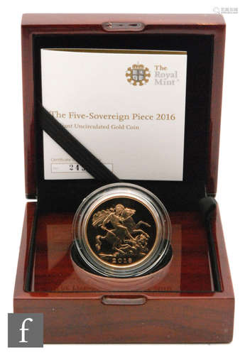 Elizabeth II -  A 2016  proof five sovereign piece with certificate, cased