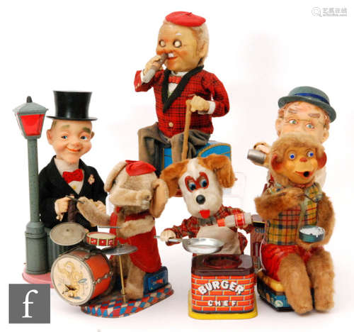 A collection of Japanese tinplate and plastic battery operated toys to include a Rosko (Nomura) Charlie Weaver Bartender, llfelder Good Time Charlie, Alps Bubble Blowing Monkey, Rosko (Nomura) McGregor, Yonezawa Burger Chef and Alps Elephant with Drums, A/F. (6)