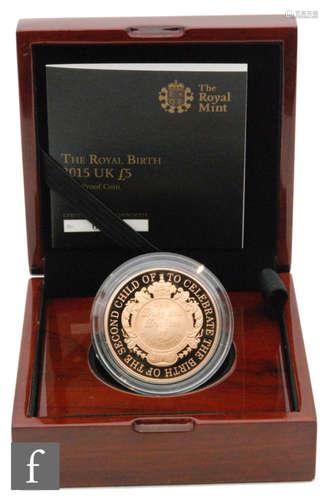 Elizabeth II - A 2015 five pound gold proof coin to commemorate the royal birth of the second child of the Duke and Duchess of Cambridge, cased