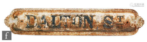 A Victorian cast iron street name sign for Dalton Street, the letters within a raised and shell end border, 109cm x 20.5cm.