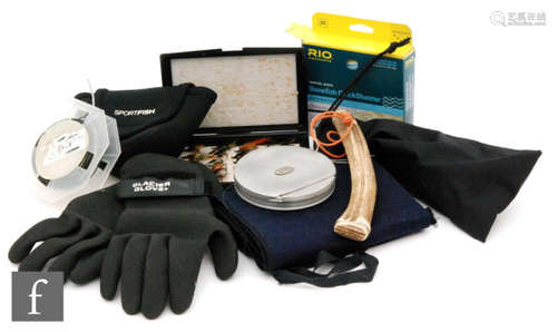 A Hardy aluminium cast case, antler priest, neoprene gloves, line winder, canvas rod bag and other accessories to a bag.