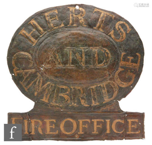 A Herts and Cambridge Fire Office copper firemark, retaining gilt lettering, (W68A), height 19cm