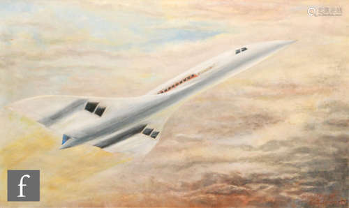 Derek Andrews (20th Century) - Oil on canvas, Concorde in flight, signed and dated 1965, 74cm x 126cm, also a British Airways boarding pass for flight BA0001 London to JFK, various flight menus, wine list, etc. (qty)