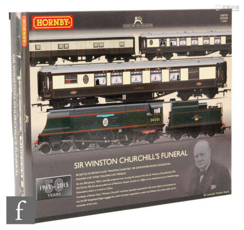 An OO gauge Hornby R3300 Sir Winston Churchill's Funeral Train Pack, DCC Ready, comprising Battle of Britain Class BR 'Winston Churchill' locomotive, a BR Gangwayed Bogie Luggage Van and two Pullman coaches, 'Lydia' and 'Perseus', limited edition 515/1500, boxed with certificate.