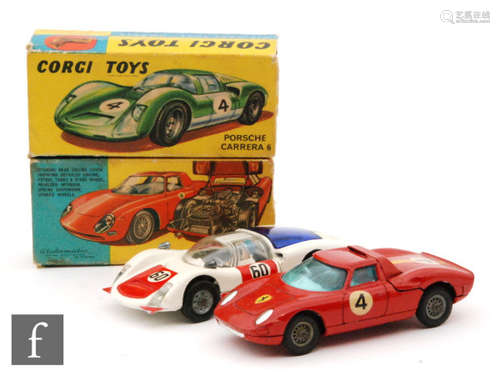 Two Corgi Toys diecast model cars, a #330 Porsche Carrera 6 in white with red engine covers and doors, blue engine cover and RN60 and #314 Ferrari Berlinetta 250 Le Mans, both in yellow picture boxes with S/D. (2)