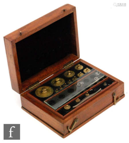 A late 19th Century mahogany cased set of brass weights and measures, the cover inset with a plaque named Standard decimal grains Middlesex County Council, De Grave & Co London, width 19.5cm.