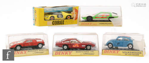 Four Dinky Toys diecast model cars, a #190 Monteverdi 375L, a #224 Mercedes Benz CIII, a #189 Lamborghini Marzal and a #129 Volkswagen Deluxe Saloon, all with later applied decals and in perspex boxes (S/D to boxes), together with a Corgi Whizzwheels #344 Ferrari 206 Dino Sport, boxed. (5)