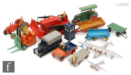 A collection of Dinky Toys diecast agricultural, construction and aircraft models and accessories, to include a Blaw Knox Bulldozer, Coventry Climax Forklift Truck, sack truck, petrol pumps, Police Box, milk churns, etc. (qty.)