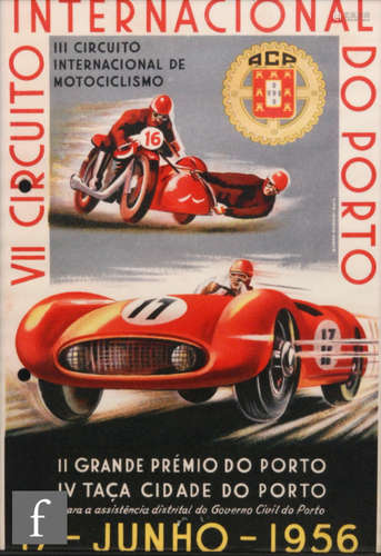 Three replica 1950s Grand Prix Portuguese posters, 60cm x 41cm, framed (3)