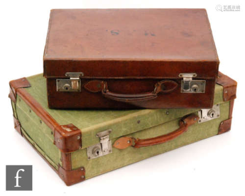 A green canvas and leather mounted de-mob suitcase and a calf stitched leather suitcase, width 46cm. (2)