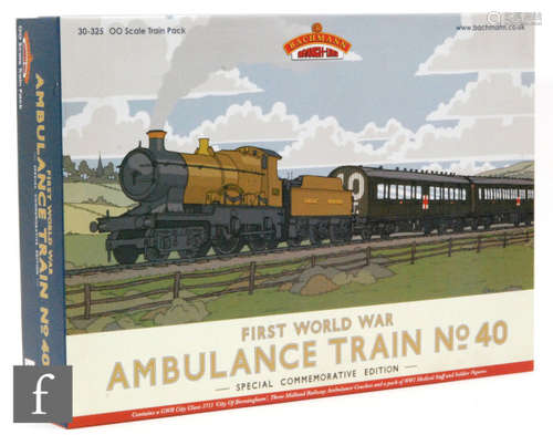 An OO gauge Bachmann 30-325 First World War Ambulance Train No. 40 Special Commemorative Edition set, comprising a GWR City Class 'City of Birmingham' locomotive, three Midland Railway ambulance coaches and medical staff and soldier figures, boxed.