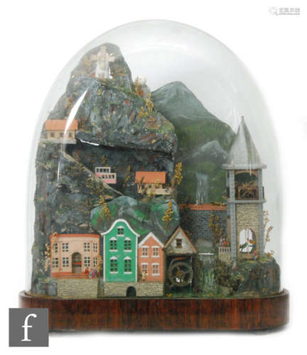 A musical automaton in the form of a Swiss Alpine scene with key wind operation moving two cable cars, figures, windmill and balloon cloud in a 19th Century glass dome and oval rosewood base, height 65cm