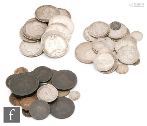 George III to George V - Eleven silver crowns, various dates, halfcrowns, a William IV groat and assorted silver and copper coinage (qty)