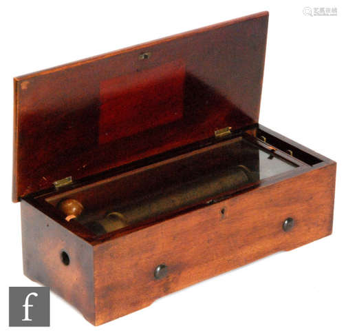 A keywind musical box playing six airs, lacking tune card, 20cm cylinder in plain case, length 39cm