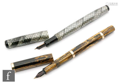 A Swan S.F 130 self filler fountain pen, 14ct gold nib yellow and black effect marbled case and Swan 1 fountain pen, 14ct nib grey skin effect pen (2)