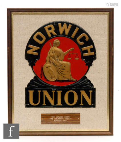 A Norwich Union painted copper fire mark (W29P), height 26.5cm and a Guardian Fire and Life Assurance company mark, height 23.5cm, both mounted and framed (2)