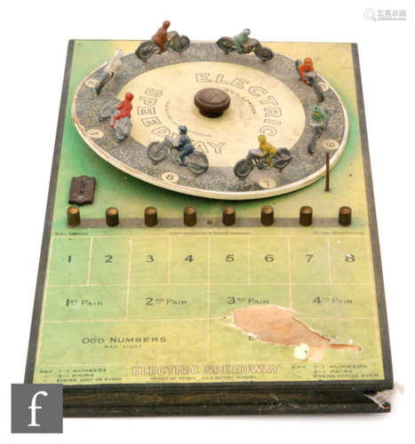 An Electric Speedway board game by BGL London, the turn table mounted with eight lead riders, patent No 377613, incomplete, width 50cm.