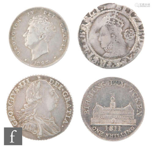 Elizabeth I to George III - A 1594 sixpence, rose mintmark, 1787 shilling, 1825 shilling and a 1811 Birmingham one shilling workhouse token (4)