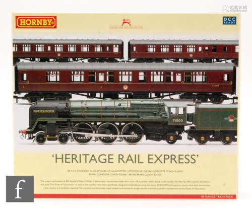 An OO gauge Hornby R3192 Heritage Rail Express Train Pack, DCC Ready, comprising 4-6-2 Standard Class 8P BR 'Duke of Gloucester' locomotive and three BR MkI coaches, boxed.