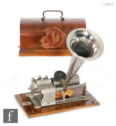 A French pathe phonograph with original reproducer and key wind operation, later aluminium horn and stencilled walnut case on plinth base, width 30cm