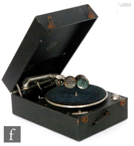 A Columbia No 201 table top gramophone in black leather case, width 28cm