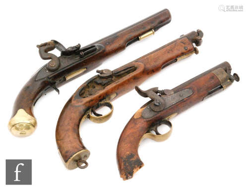 An 18th Century Light Dragoon flintlock pistol, tower and GR stamp to lock plate, brass stock, 23cm barrel, an East India Company percussion pistol, 15cm barrel and a similar pistol with lock and mechanism missing, all A/F (3)