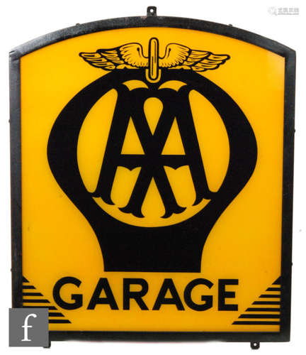 A 1950s AA badge pictorial reverse painted garage sign black on yellow within a metal frame, 50cm x 58cm.