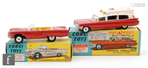 A Corgi Toys #215S Ford Thunderbird Open Sports Car diecast model in red with yellow and silver interior and spun hubs, together with a #437 Cadillac Superior Ambulance in two tone red and cream, both boxed. (2)