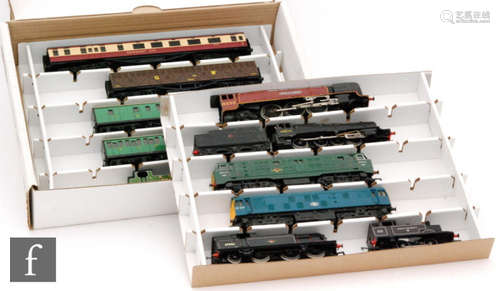 A collection of OO gauge model railway, mainly Hornby, including a Dublo 28-0 BR black '48073', seven other locomotives (one missing tender), together with four coaches and rolling stock. Unboxed. AMENDMENT: Some boxes have now been added to this lot.