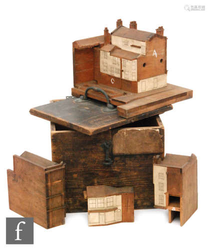 A 19th Century wooden scale interlocking model of No. 99 to 100 Bull Street, the buildings with applied printed frontages detailing windows and doors contained in separate carrying case mounted with a brass handle and stamped Cadbury Brothers Bourneville, 27cm square.