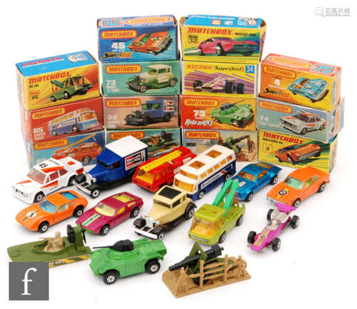 A collection of fourteen boxed Matchbox Superfast diecast models, comprising 3B, 4C, 22C, 30C, 32C, 32B, 45B, 34A, 38F, 65C, 73B, 73C, 74B, 74E.