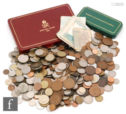 George VI - A 1937 coronation set (missing 4d), cased and Women's Voluntary Service medal and a collection of loose nickel and copper coins, banknotes etc (qty)