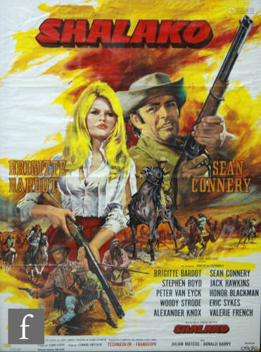 A 1960s French film poster for the Western movie Shalako starring Sean Connery and Brigette Bardo and others, distributed by Cedric, Ets Saint Martin, No 3033, 157cm x 116cm, later framed