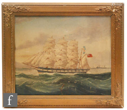 J Hamble (20th Century English school) - Oil on canvas a four masted barque in full sail, signed and dated 1907, 25cm x 29cm, framed.