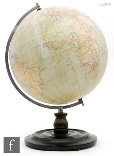 A Phillip's 12'' terrestrial globe No 2615 on turned circular ebonised base, height 43cm