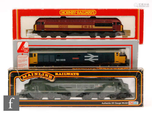 Three OO gauge diesel locomotives, Hornby R2075 Class 56 EWS 56058, Lima 204811A6 BR Class 50009 'Conqueror'  and Mainline 37-050 BR Type 4 1C0-C01 'The Manchester Regiment', all boxed. (3)