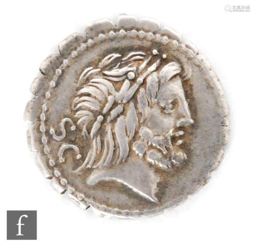 Roman - Antonius Balbus (83-82) BC serratus denarius, laureate head of Jupiter and Victory on Quadriga